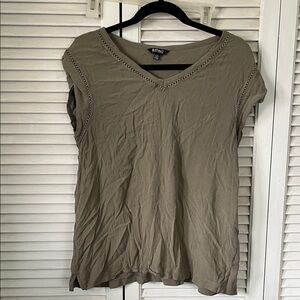 Buffalo David Bitton Olive V-Neck Short Sleeve Tee with Crochet Trim